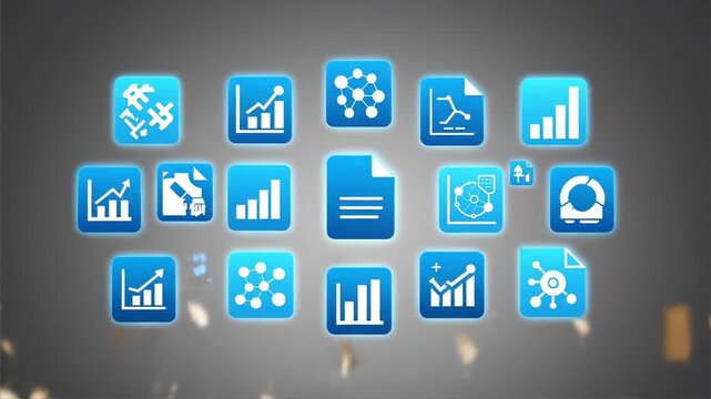 Stack of vintage aged paper documents dissolving and transforming into floating blue digital business data icons against a gray studio background.
