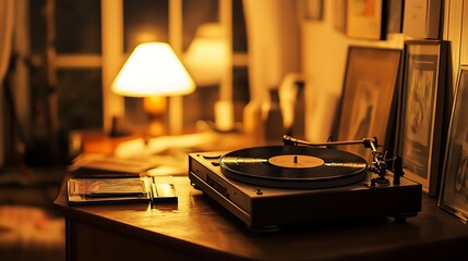 Vintage record player on wooden table with warm lighting