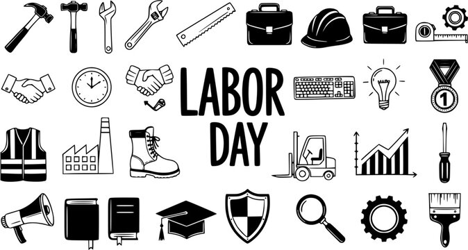 Labor Day Black and White Line Art Icons Set: Work, Industry, Business, and Education Symbols  Tools