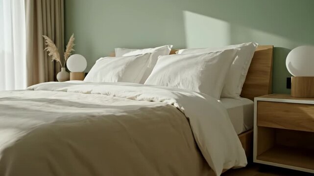 Cozy bedroom with beige comforter and white pillows on a wooden bed frame with nightstands and a window with sheer curtains