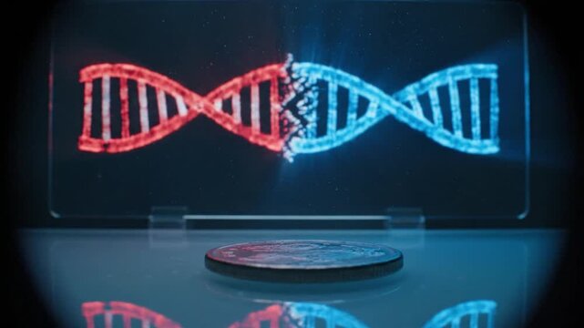 Cinematic Shot of Coin in Foreground with Holographic DNA Helix Splitting in Background