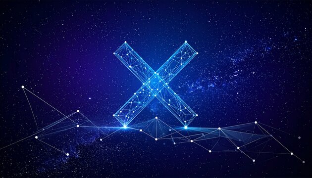 Abstract X Symbol with Connected Dots and Lines on Blue.