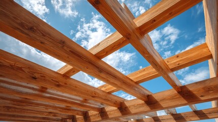 Construction of a building frame using wooden beams for a sustainable structure on a clear day