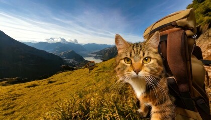 Adventurous Tabby Cat Hiking in the Mountains with Backpack.