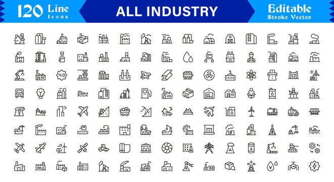 Versatile All Industry Line Icon Set with Professional Minimal Design and Pixel Perfect Editable Vectors for Modern Business and Technology