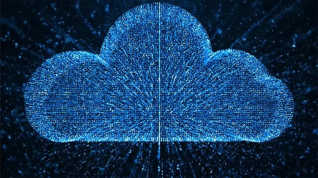 Blue digital data particles forming a geometric cloud computing symbol structure in an abstract cyberspace environment with dark lighting, wide shot composition.