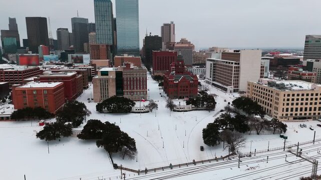 Aerial of Dealey Plaza and Dallas with Snow