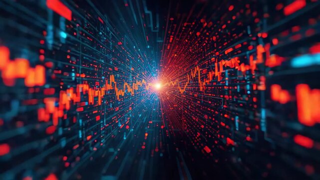Red data stream abstract tunnel with glowing center and dynamic digital waveform convergence
