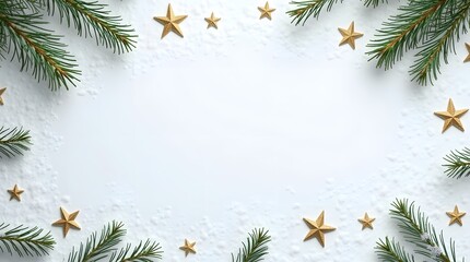 Theme christmas, White snow surface with pine branches and golden stars