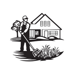 Vector illustration of a man wearing a hat sweeping the yard with a traditional broom.