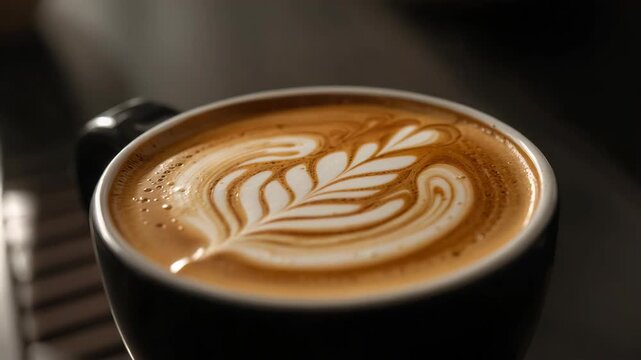 Latte art rosette heart and leaf ceramic coffee cup with warm crema creamy milk foam swirl cozy cup