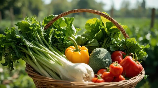 Fresh basket of farm vegetables with vibrant greens, colorful peppers, tomato, broccoli and garlic