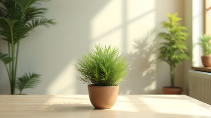 Small Potted Plant Indoors with Soft Sunlight and Shadows
