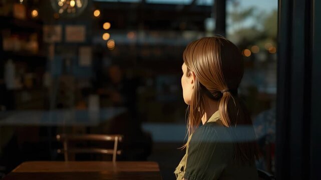 Young woman cafe interior window reflection warm light contemplative side profile bathed golden