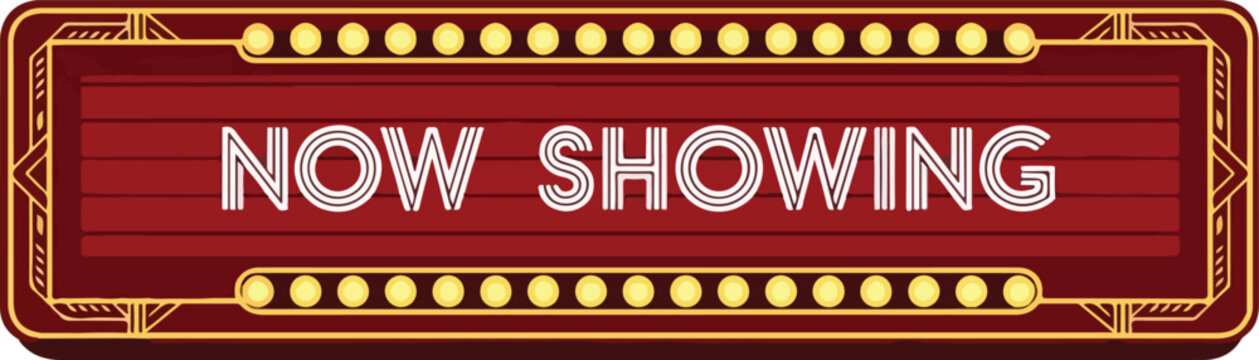 Vintage cinema marquee sign displaying 'Now Showing' surrounded by ornate lights and decorations