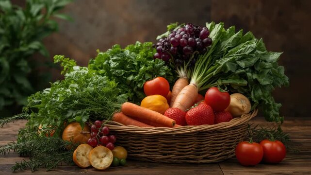 Fresh basket of assorted vegetables and fruits with vibrant colors spinach carrot tomato grape