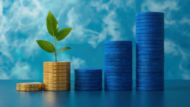 Golden coin stack with plant sprout and rising blue coin stacks symbolizing sustainable growth