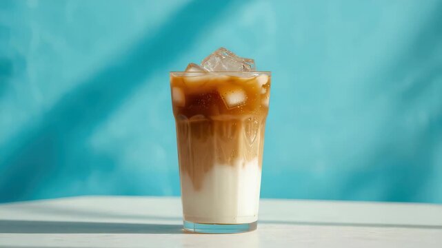 Iced latte glass with layered milk, espresso and iced coffee over ice, bright cheerful summer scene