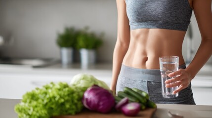 A fit individual holding a glass of water stands beside fresh vegetables, promoting a healthy lifestyle and nutrition.
