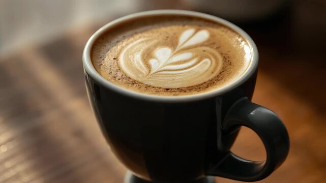 Latte art cappuccino coffee cup with heart foam and creamy leaf latte art cozy morning cup wooden