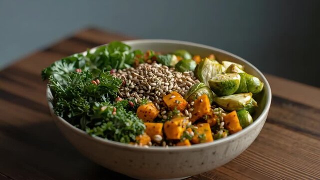 Roasted squash brussels sprout kale seed grain bowl roasted vegetable cozy wholesome earthy glow