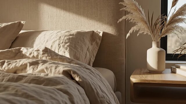Cozy bedroom interior with beige bedding and decorative vase on wooden nightstand
