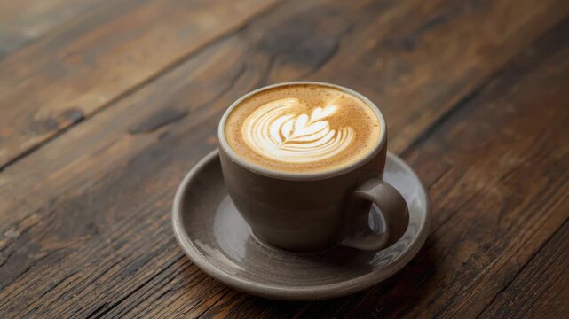 Latte cup coffee art on rustic wooden table cozy cafe scene with saucer foam and leaf latte art