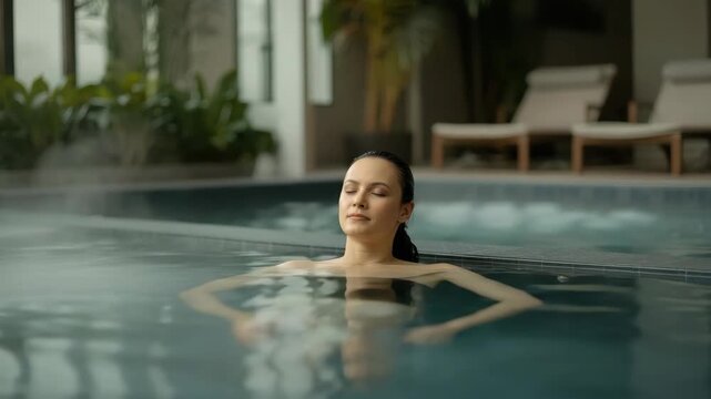 Young adult woman relaxing in indoor pool spa, relaxed floating in steaming serene atmosphere