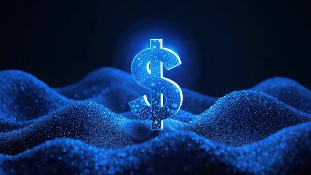 Glowing blue dollar sign glitter texture wave surface conveying futuristic finance optimism