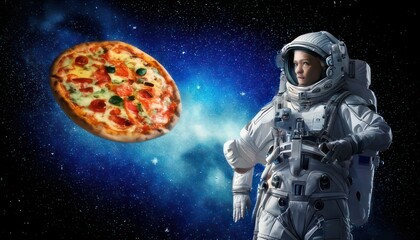 Fototapeta premium Astronaut in Space with Pizza - A Cosmic Culinary Adventure.
