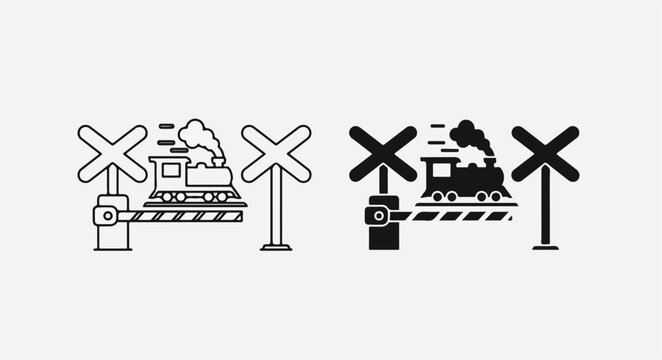 Black and white illustrations of train crossings with railroad signs on a plain background.