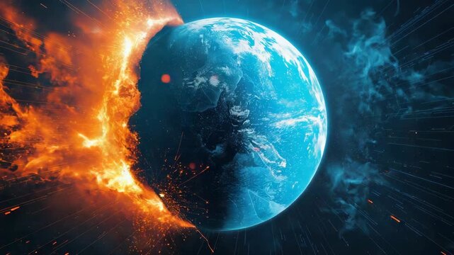 Burning fire and icy blue earth collide dramatic cosmic explosion. fiery and icy halves of planet