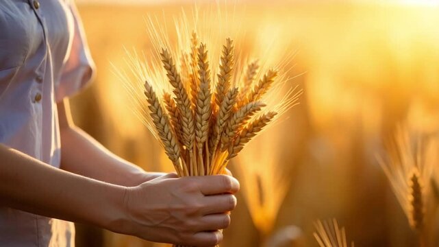 Farmer's hands holding golden wheat harvest in sunlit field
