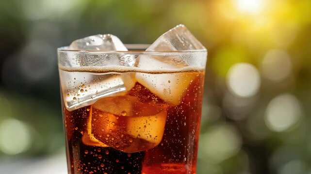 Iced drink glass with ice cube condensation bubbling soda melting cubes refreshing summer