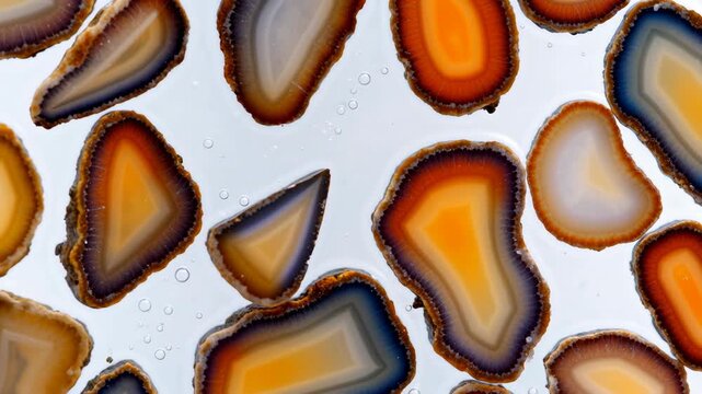Abstract agate slice crystal mineral geology gemstone pattern texture orange geode quartz cross section polished translucent stone band stripe natural background design gem bright layered art