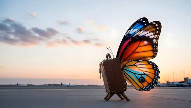 Butterfly Winged Luggage at Sunset Airport