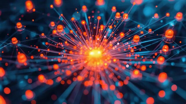 Glowing neural network hub with radiant orange nodes hub node connection network vibrant blue lights