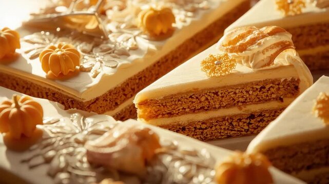 Creamy pumpkin cake slice layered with caramel cream drizzle and delicate autumn decoration