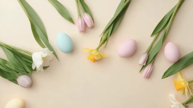 Pastel Easter egg tulip daffodil pastel spring eggs and spring flowers arranged soft beige