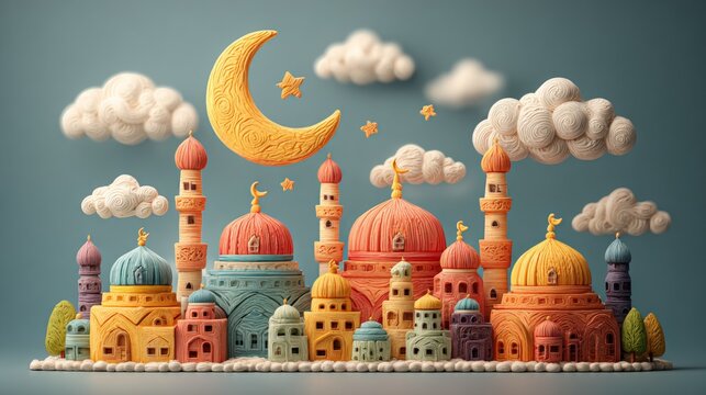 Unique 3D Clay Illustration of Colorful Eid Celebration with Buildings, Moon, and Clouds