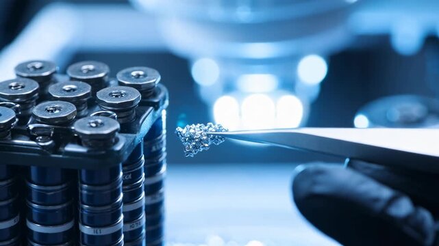 Laboratory crystal mineral tweezers blue focus research scene scientist hand holding shiny sample metal tool rare earth element critical mineral resources technology industry future energy supply