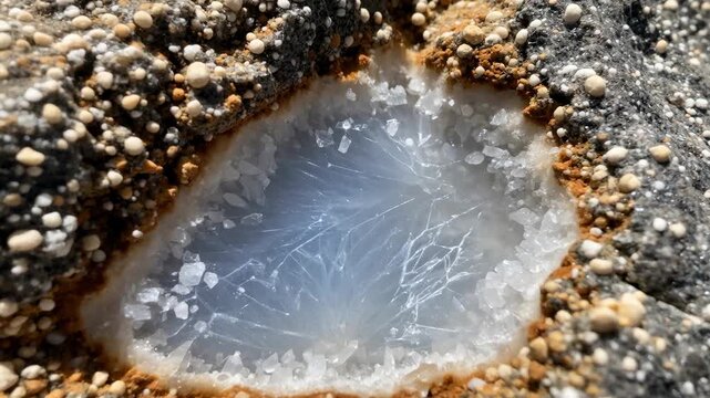 Geode crystal mineral stone rock geology nature critical mineral resources raw geode cavity and rough stone texture with sparkling translucent center rugged detail white geode crystal surface pattern