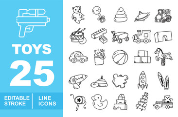 Comprehensive children's toy and educational game line icon set. Editable stroke icons for preschool branding, toy store catalogs, and nursery decor. Featuring a wide variety of play items: teddy bear © Neko funny