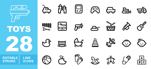 Extensive 28 toys and nursery line icon set. Editable stroke icons for childhood education, baby products, and toy store branding. Featuring various items: game consoles, toy tanks, strollers © Neko funny