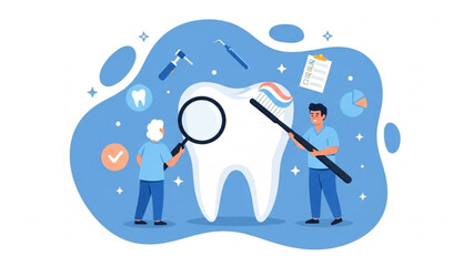 Fototapeta premium International Oral Health Day Professional Dental Health Check-up and Oral Hygiene Care Concept. Cartoon Illustration of People Brushing and Inspecting a Large Tooth for Prevention and Wellness