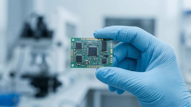 Closeup of hand in blue glove holding small electronic circuit board in modern laboratory