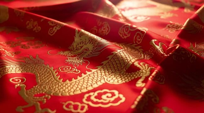 Red silk fabric with golden dragon pattern