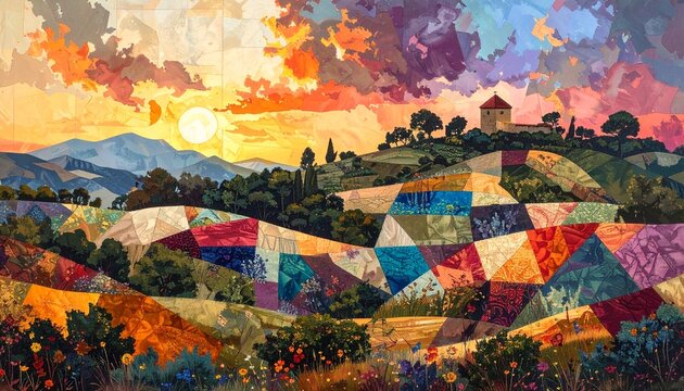 Vibrant Sunset Over Patchwork Fields and Rolling Hills Painting, Artistic Landscape.