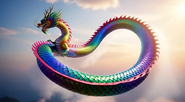 Chinese dragon flying through vibrant sky