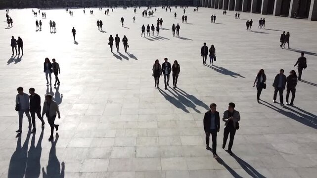 People walking in vast plaza.